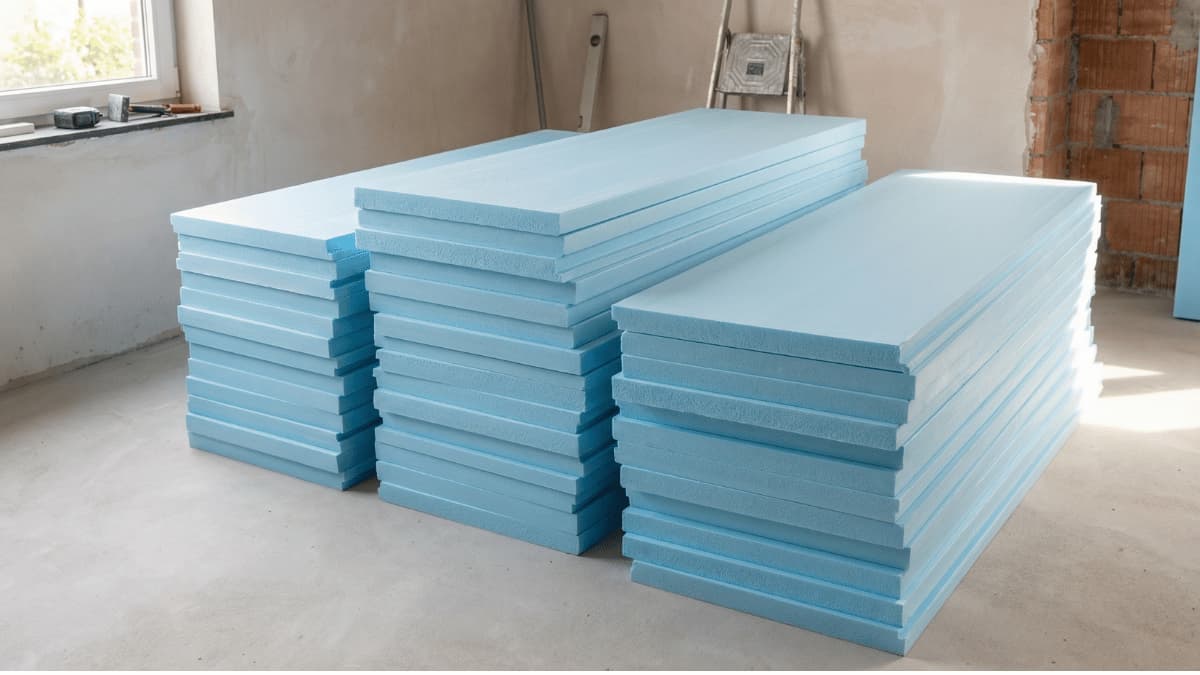 Enkele stapels lichtblauwe XPS-isolatieplaten op een betonnen vloer in een Belgische woning tijdens renovatiewerken.