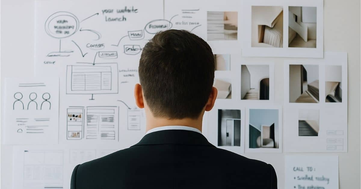 Een man met kort zwart haar, een wit hemd en een zwart kostuumvest staat, met zijn gezicht naar het bord gericht, voor een whiteboard waarop foto's en schema's kleven.