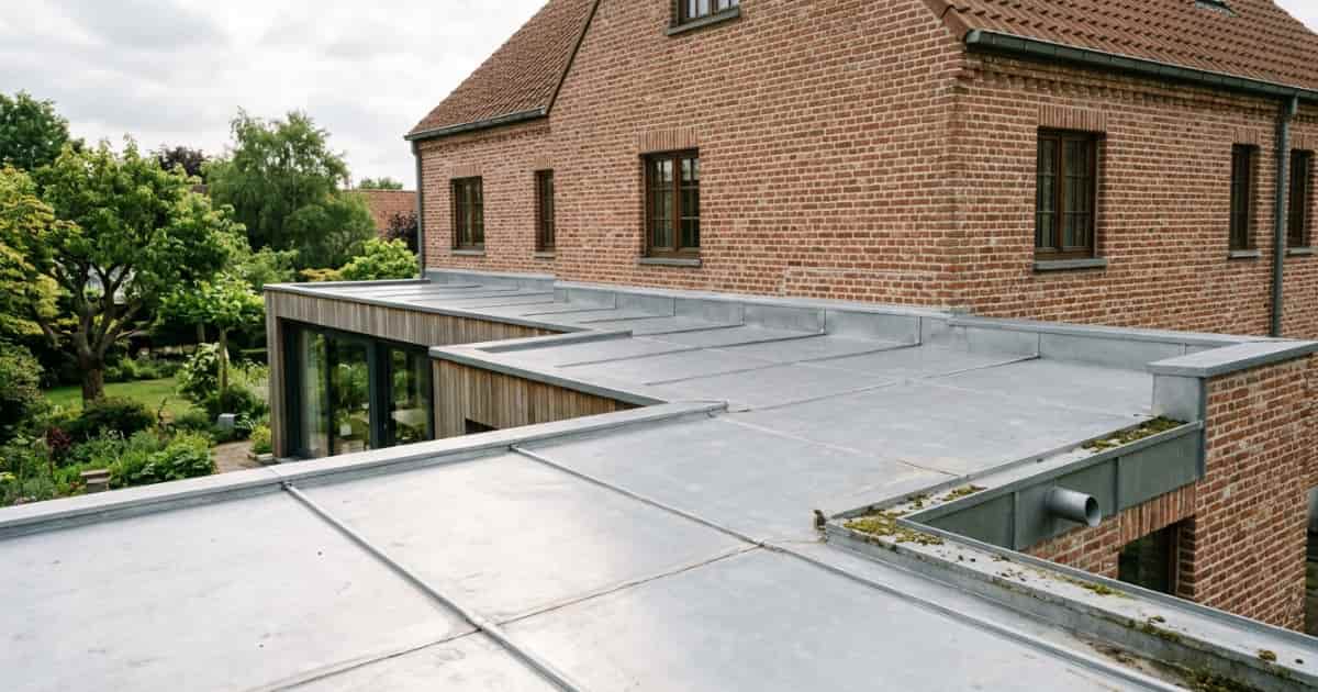 Gesoldeerd zinken platform op het platte dak van een moderne aanbouw met zichtbare soldeernaden, zinken opstandranden en een noodoverloop tegen een Vlaamse bakstenen woning met houten gevelbekleding en groene tuin.
