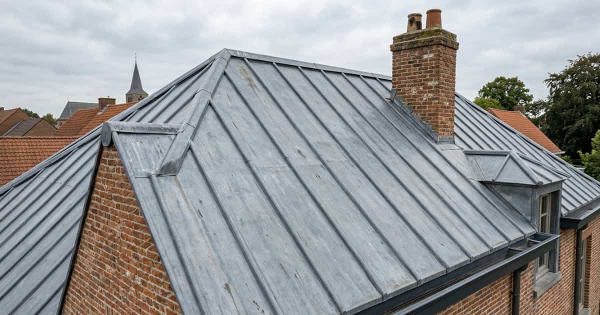 Zinken roevendak met brede verticale roefnaden op een Vlaamse bakstenen woning met meerdere dakvlakken, een bakstenen schoorsteen en een kerktoren zichtbaar op de achtergrond onder een bewolkte hemel.