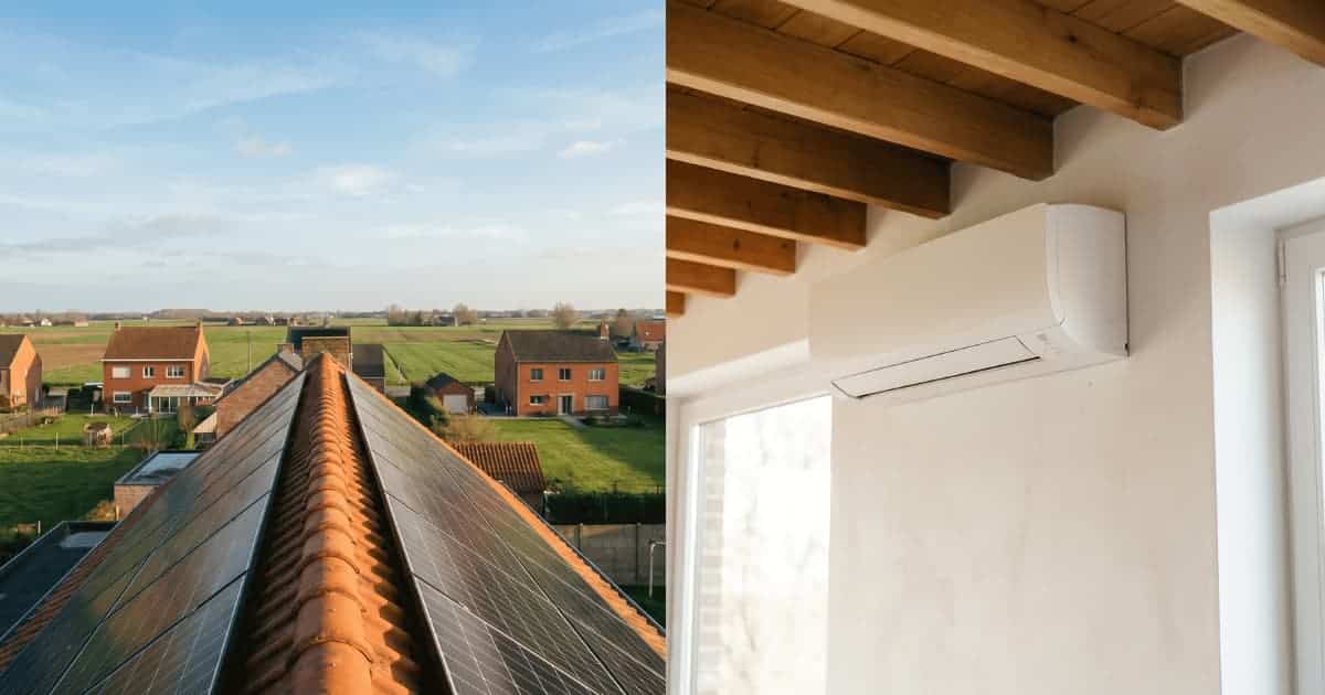Zwarte zonnepanelen bedekken beide zijden van een hellend dak met oranje nokpannen boven een Vlaamse woonwijk met bakstenen huizen en groene weilanden terwijl aan de rechterzijde een witte airco-binnenunit hoog aan een witte muur hangt onder warme houten plafondbalken naast een lichtinvallend raam.